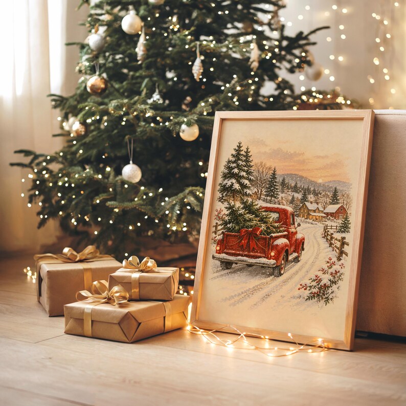 Vintage Red Truck Christmas Wall Art, Snowy Farmhouse Winter Poster, Holiday Tree Art Print zdjęcie 8