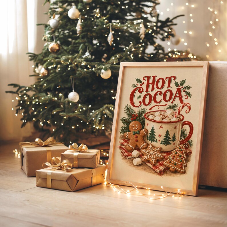 Hot Cocoa Christmas Wall Art, Vintage Gingerbread Cookie Kitchen Poster, Rustic Holiday Art Print zdjęcie 8