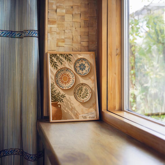 Mediterranean ceramic plate wall art print standing on a wooden window sill in warm natural light.