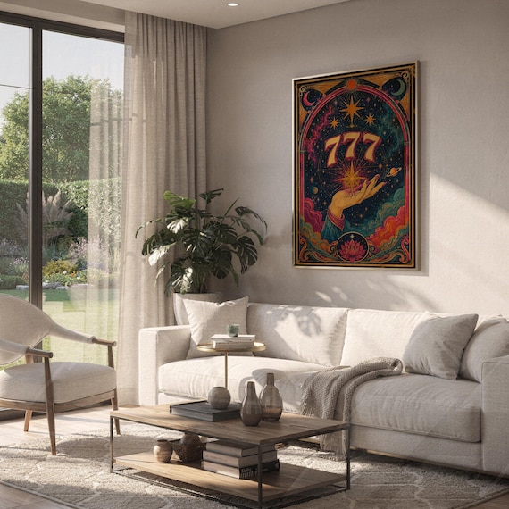 777 angel number wall art print hanging above a white sofa in a living room with garden views.