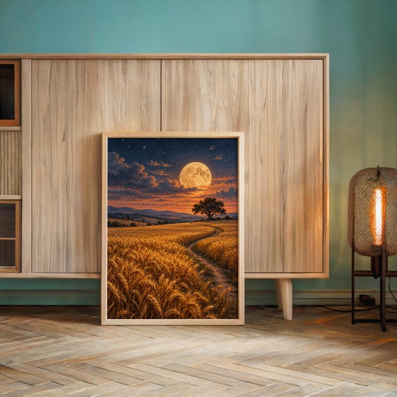 Moon wall art print leaning against a wooden cabinet by a teal wall beside a glowing floor lamp.