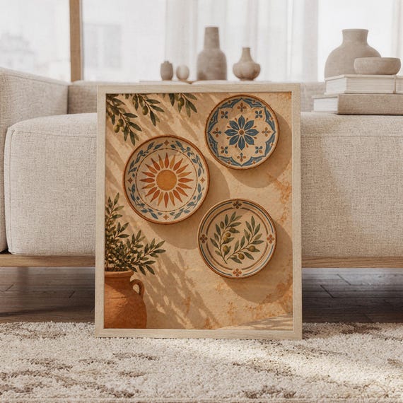 Mediterranean ceramic plate wall art print featuring warm terracotta, cream, olive green, and deep blue tones with hand-painted-style olive branches, a radiant sun motif, and floral ceramic plates, framed and leaning against a beige sofa on a textured rug in a bright Scandinavian living room.