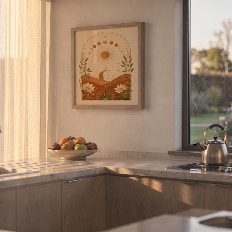 Celestial sun and moon wall art print hanging above a stone countertop with a fruit bowl in a sunny kitchen.