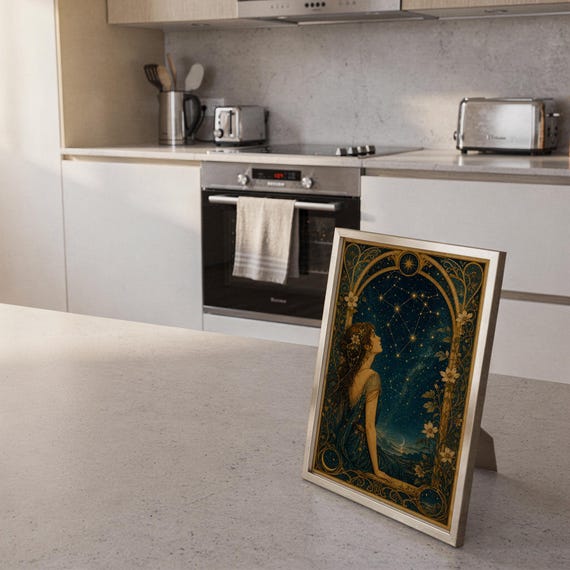 Celestial woman wall art print framed and displayed in a modern home interior.