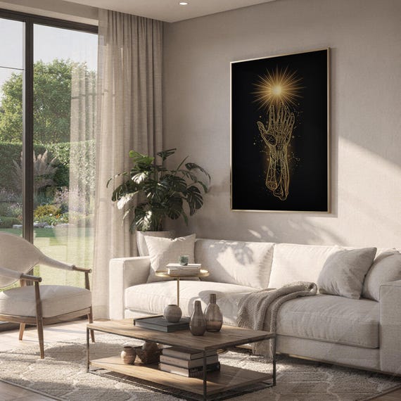 Celestial hand wall art print hanging above a white sofa in a living room with garden views.
