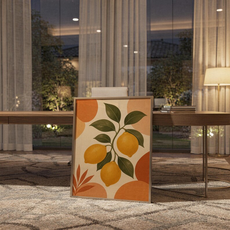 Lemon branch botanical print standing on a wooden desk in a home office in warm evening light.