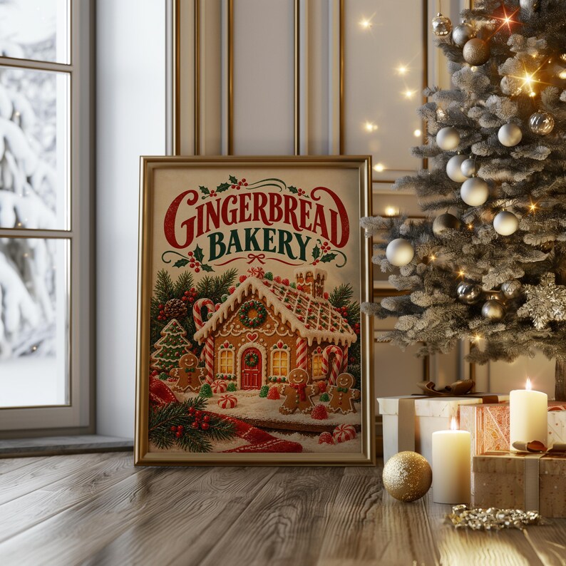 Gingerbread bakery christmas wall art print hanging above a stone countertop with a fruit bowl in a sunny kitchen.