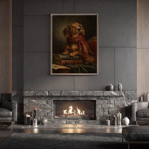 Dachshund wall art print standing on a white kitchen counter beside potted herbs.