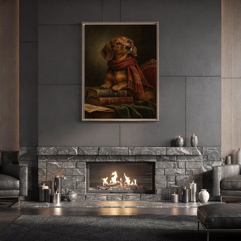 Dachshund wall art print standing on a white kitchen counter beside potted herbs.
