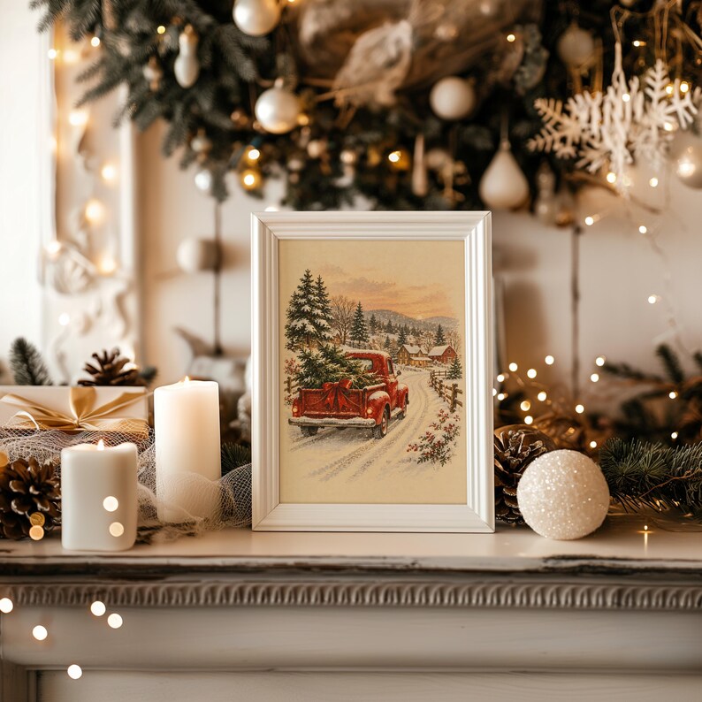 Vintage Red Truck Christmas Wall Art, Snowy Farmhouse Winter Poster, Holiday Tree Art Print zdjęcie 16