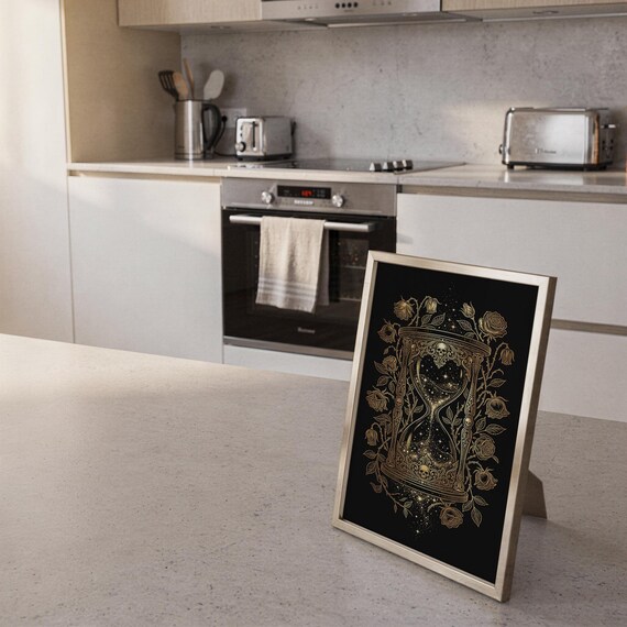 Gothic hourglass wall art print framed and displayed in a modern home interior.