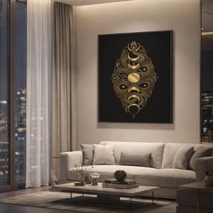 Gold snake moon phase wall art print hanging above a light gray sofa in a modern living room with evening city views through tall windows.