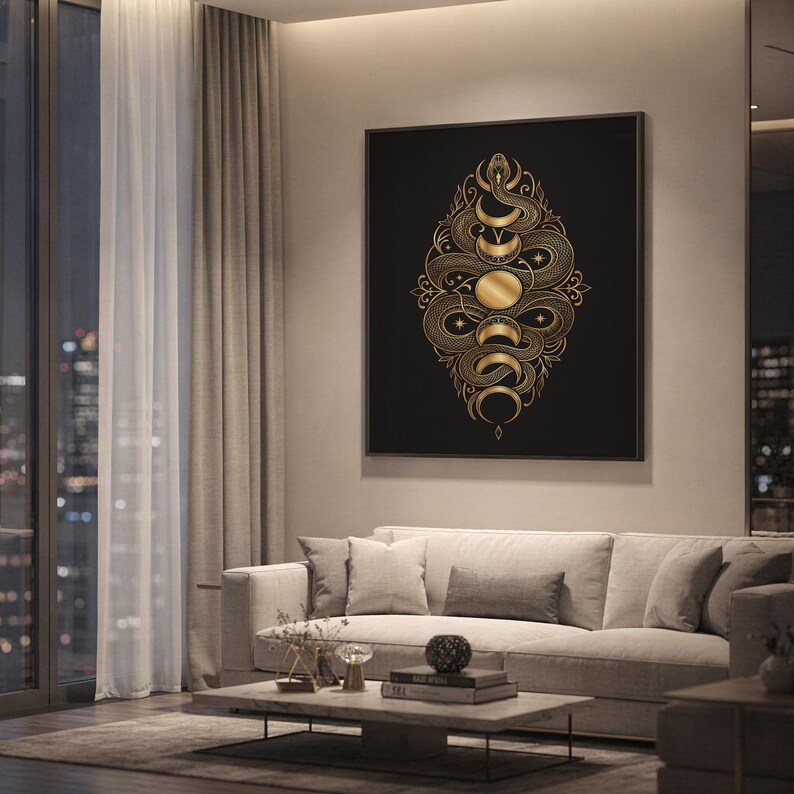 Gold snake moon phase wall art print hanging above a light gray sofa in a modern living room with evening city views through tall windows.