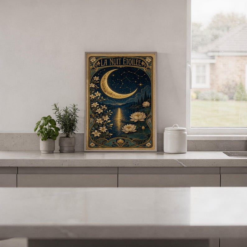 A framed Art Nouveau moon poster stands on a kitchen counter next to two small potted plants.
