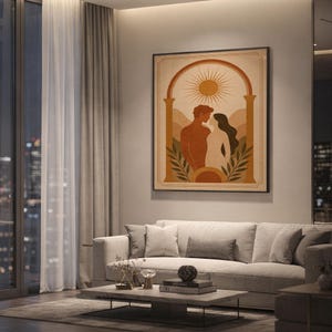 Framed celestial couple art print hanging above a neutral sofa in a modern, bright living room with large city-view windows.