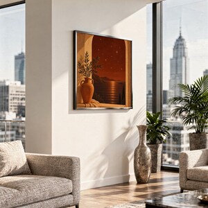 Mediterranean night sea wall art print hanging in a high-rise apartment living room with a city skyline view.