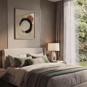 Zen Enso circle wall art framed above bed in peaceful aesthetic bedroom