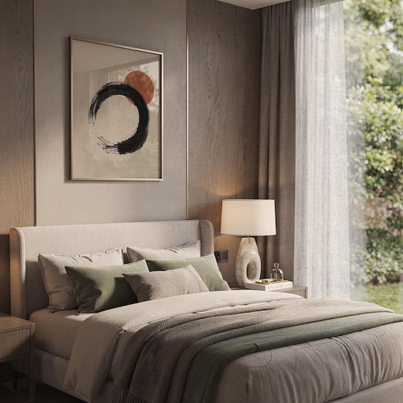 Zen Enso circle wall art framed above bed in peaceful aesthetic bedroom