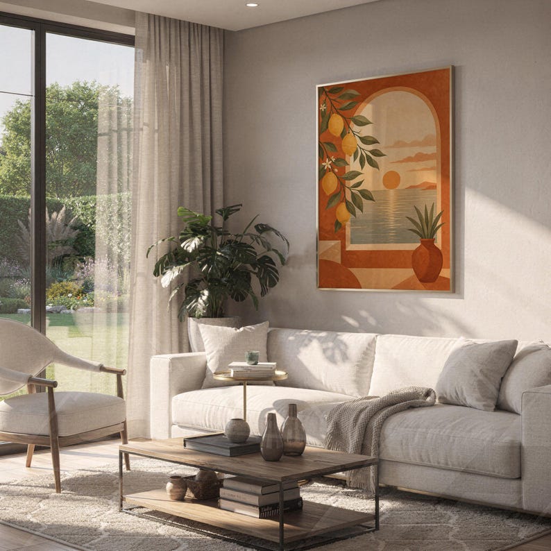Mediterranean lemon and sea view arch print hanging above a white sofa in a living room with garden views.