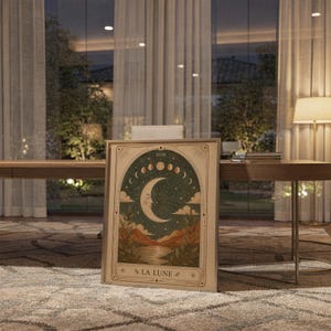 La Lune moon tarot card art print framed on desk in modern home office at evening time.