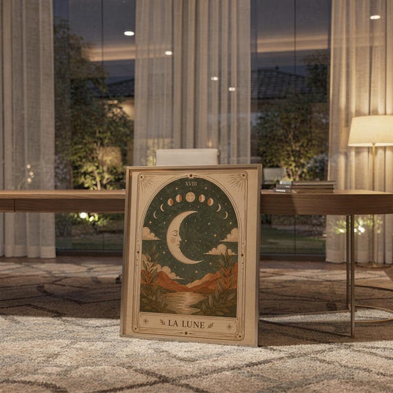 La Lune moon tarot card art print framed on desk in modern home office at evening time.