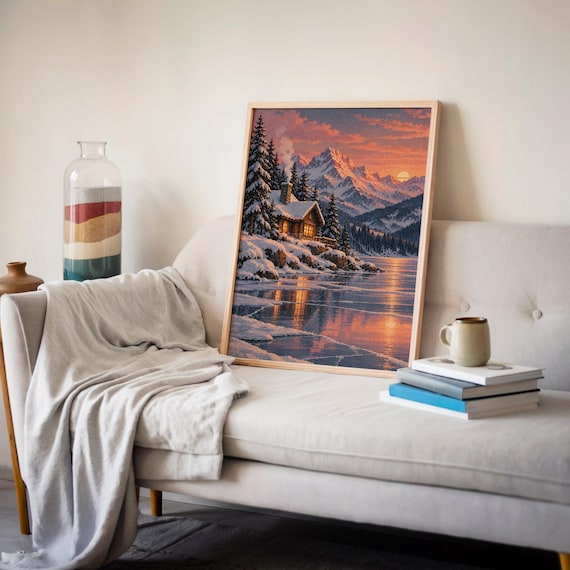Winter cabin mountain wall art print leaning on a cream sofa against a beige wall beside books and a mug.