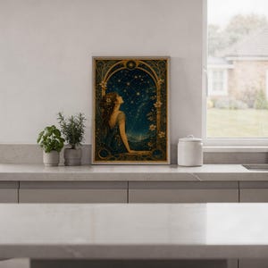 Celestial woman wall art print hanging in a high-rise apartment living room with a city skyline view.