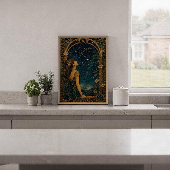 Celestial woman wall art print hanging in a high-rise apartment living room with a city skyline view.