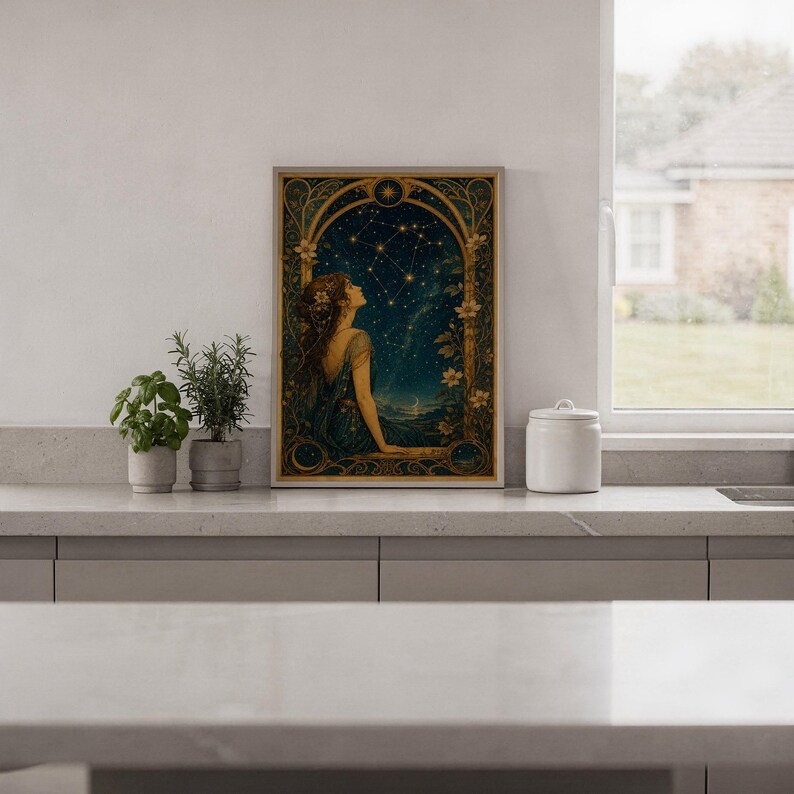 Celestial woman wall art print hanging in a high-rise apartment living room with a city skyline view.