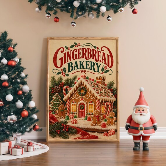 Gingerbread bakery christmas wall art print leaning against a white sofa in a bright living room with sheer curtains.
