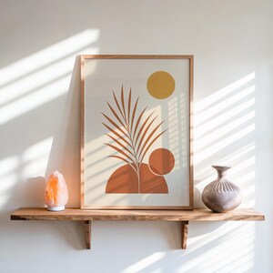 Minimalist botanical sun poster on wooden wall shelf with window blind shadows