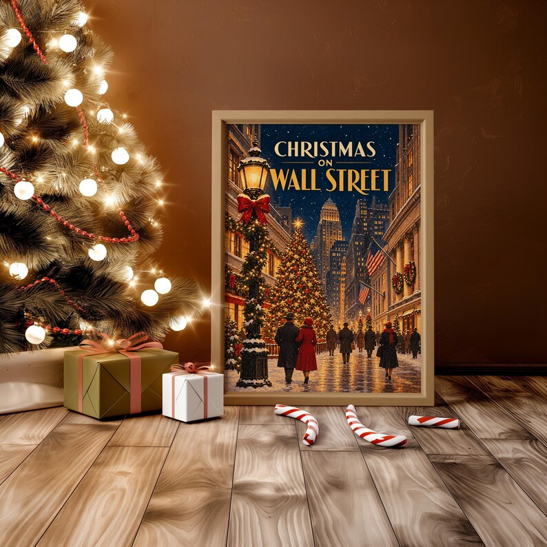 Christmas on Wall Street Vintage Wall Art, New York City Holiday Poster, Retro Winter Art Print image 11