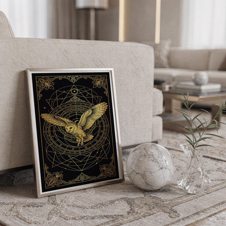 Celestial owl wall art print standing on a countertop in a modern white kitchen.