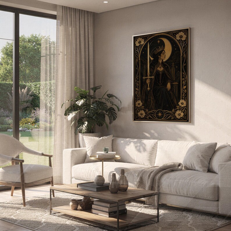 Gothic moon queen wall art print hanging above a white sofa in a living room with garden views.