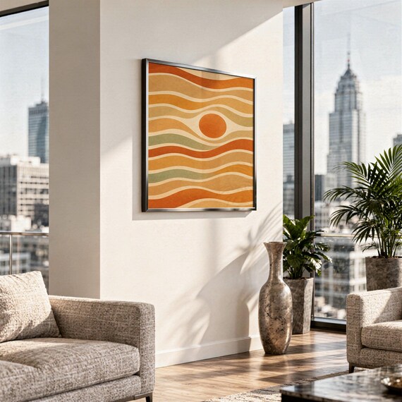 Abstract wavy sun print hanging above a stone countertop with a fruit bowl in a sunny kitchen.