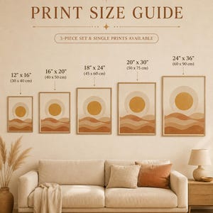 Poster size guide comparison chart for set of 3 botanical prints above a sofa.