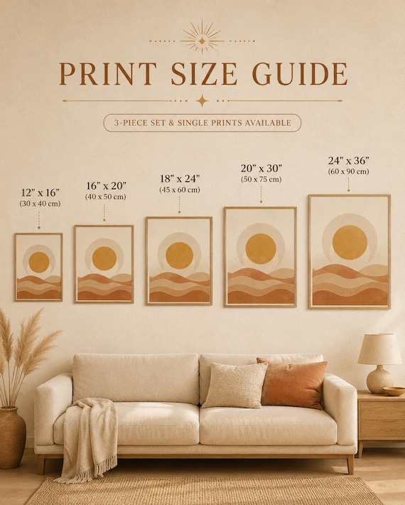 Poster size guide comparison chart for set of 3 botanical prints above a sofa.