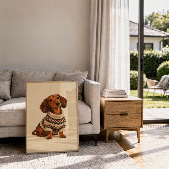 Dachshund sweater wall art print hanging above a dark wood console and jute rug in a warm neutral interior.