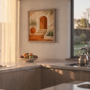 Mediterranean terracotta stairway arch print hanging in a high-rise apartment living room with a city skyline view.
