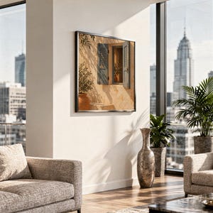Mediterranean blue shutter wall art print hanging in a high-rise apartment living room with a city skyline view.