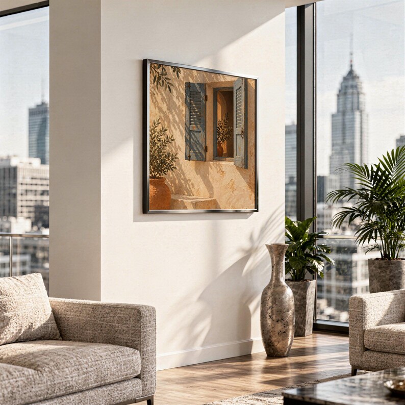 Mediterranean blue shutter wall art print hanging in a high-rise apartment living room with a city skyline view.