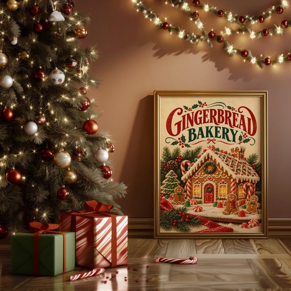 Gingerbread bakery christmas wall art print hanging above a white sofa in a living room with garden views.