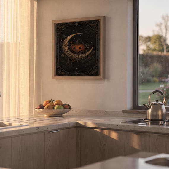 Vintage halloween moon wall art print hanging in a high-rise apartment living room with a city skyline view.