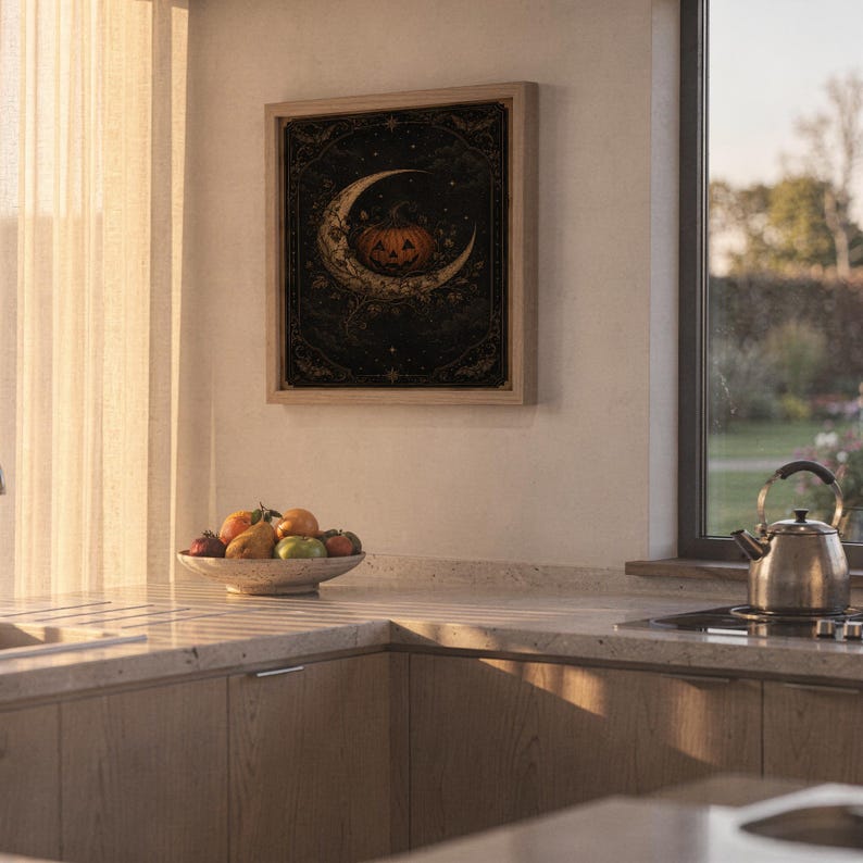 Vintage halloween moon wall art print hanging in a high-rise apartment living room with a city skyline view.