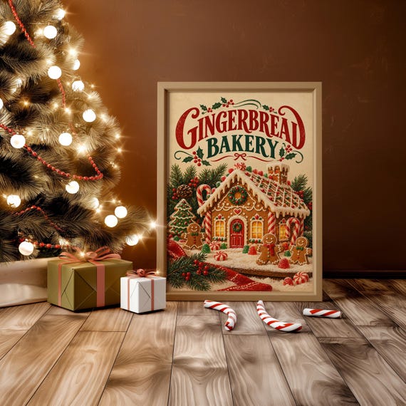 Gingerbread bakery christmas wall art print standing on a wooden desk in a home office in warm evening light.