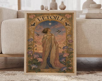 Puede incluir: Una impresión artística rectangular enmarcada titulada L'ÉTOILE que muestra una figura central con un vestido fluido bajo una estrella brillante. La escena incluye golondrinas, flores de gloria de la mañana y un cielo al atardecer.
