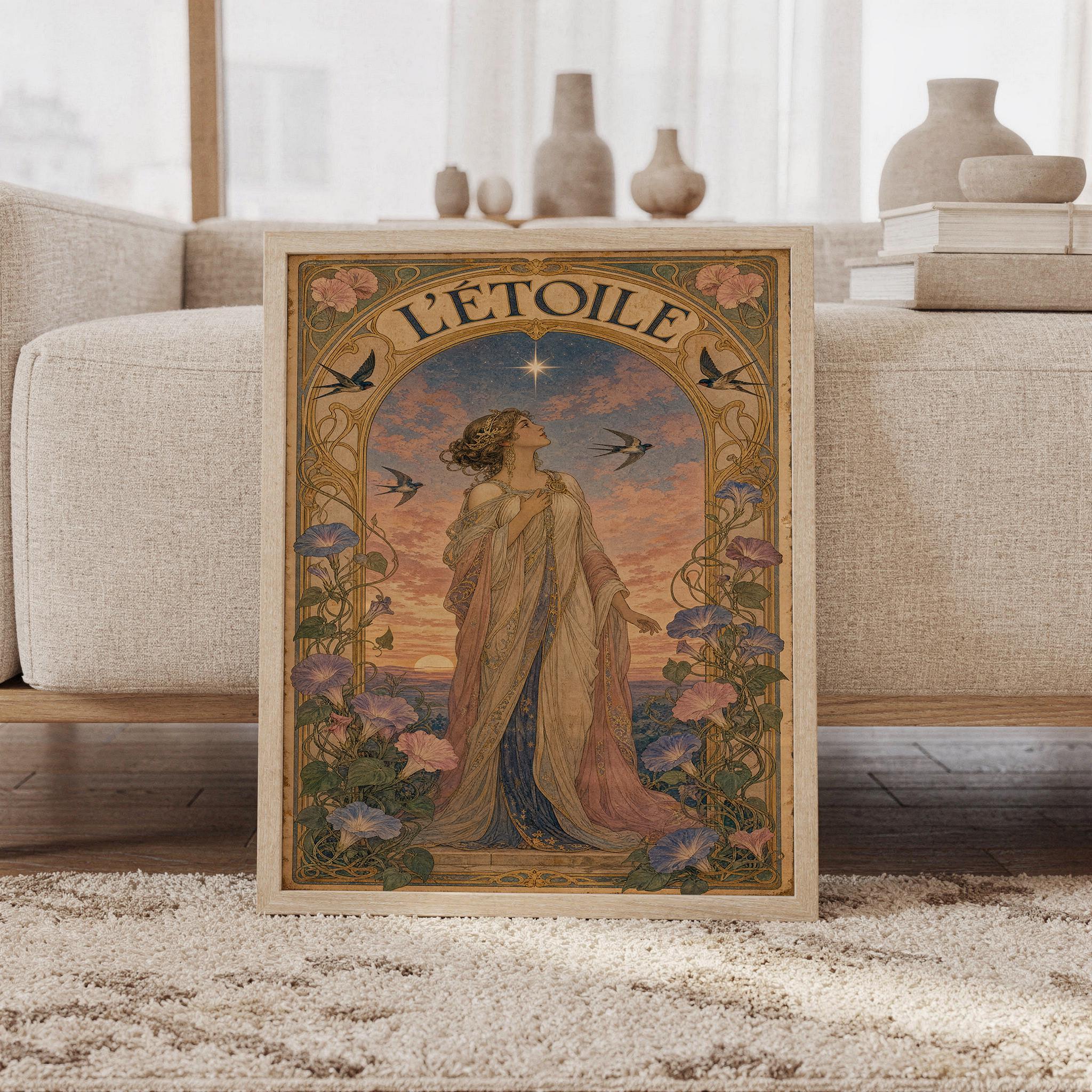 A framed art nouveau print of a celestial woman titled L Etoile leaning against a white sofa on a rug.