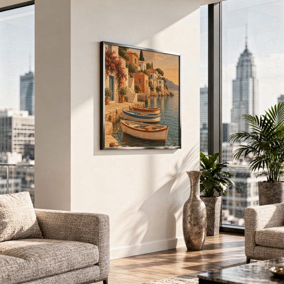 Mediterranean coastal village wall art print hanging in a high-rise apartment living room with a city skyline view.
