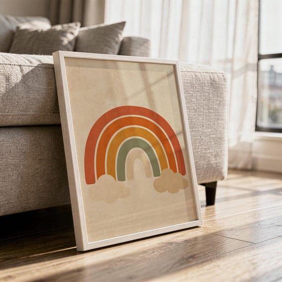 Boho earth tone rainbow print in a white frame leaning against a gray sofa on a sunlit wooden floor.
