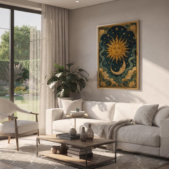 Celestial sun and moon wall art print hanging above a white sofa in a living room with garden views.